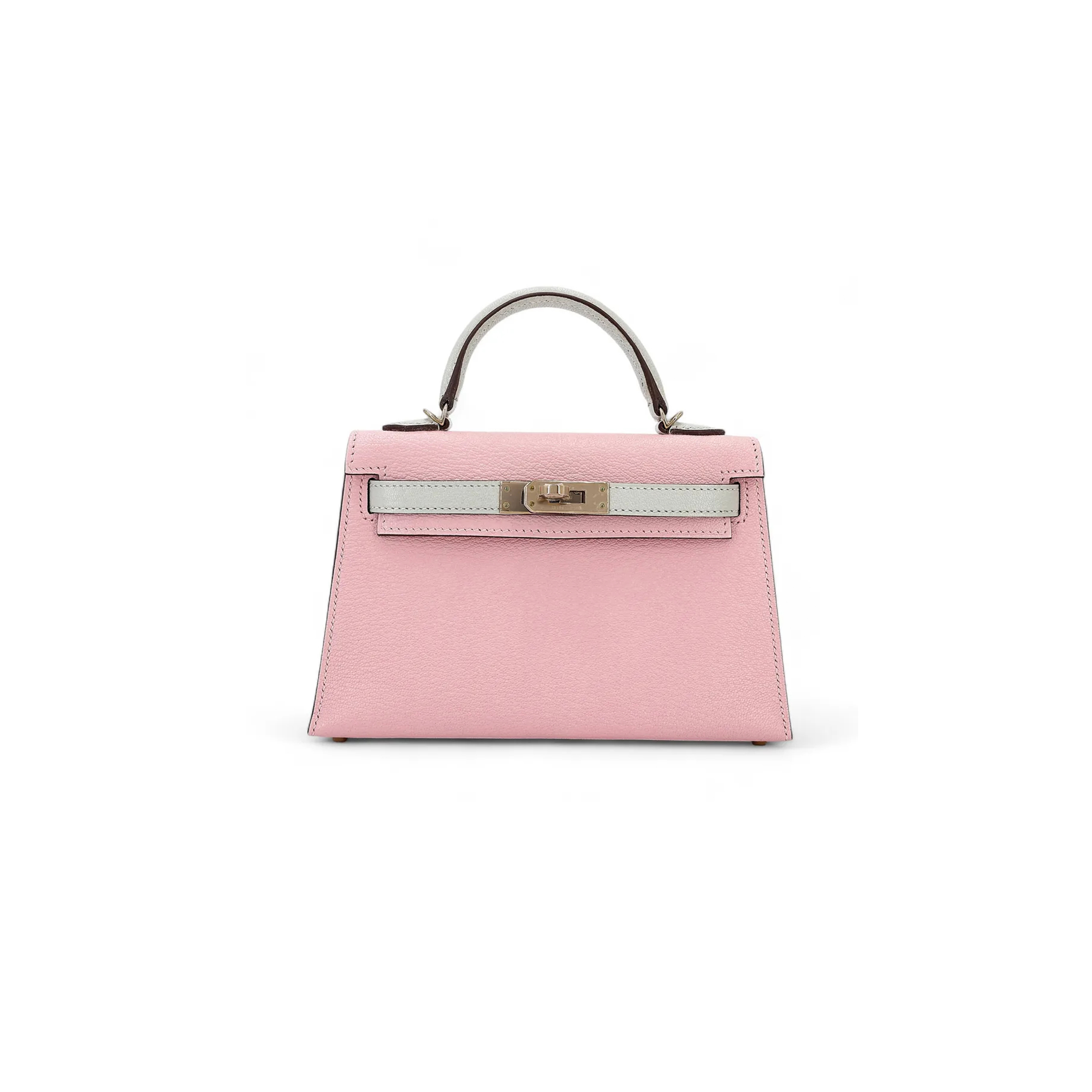 HERMÈS MINI KELLY II GOATSKIN CHERRY BLOSSOM PINK MILKSHAKE PLATINUM BUCKLE (19*12*5.5cm) 